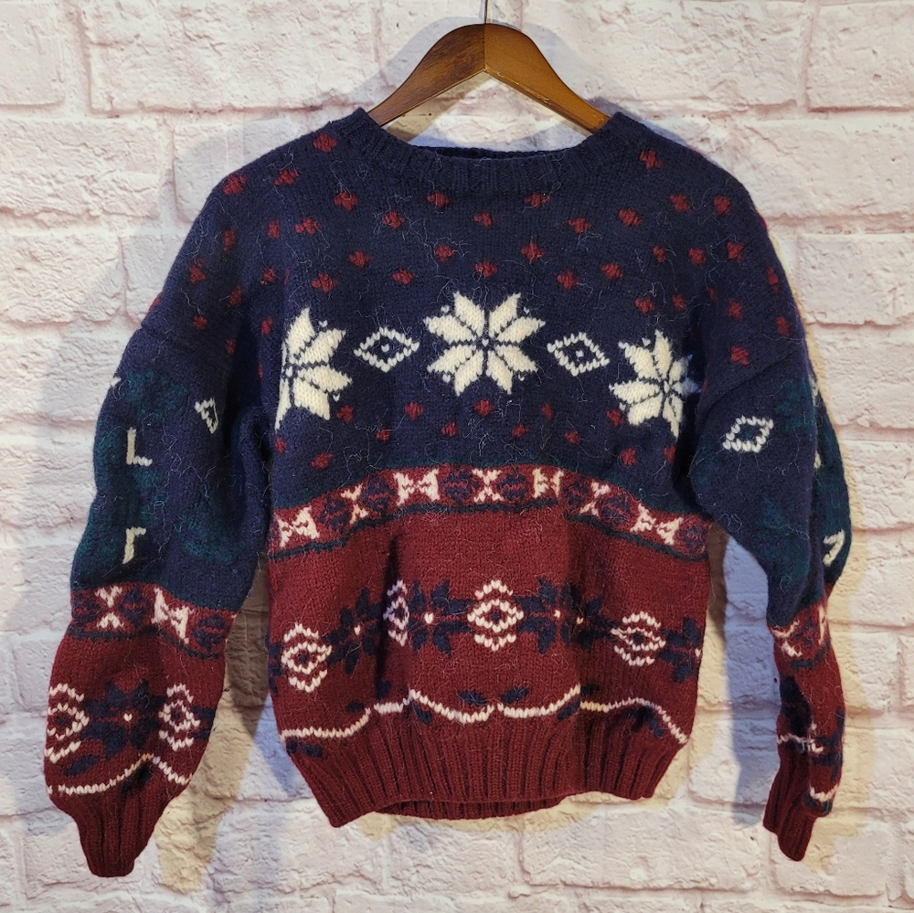 John Ashford Vintage Red & Navy Wool Nordic Holiday Fair Isle Sweater